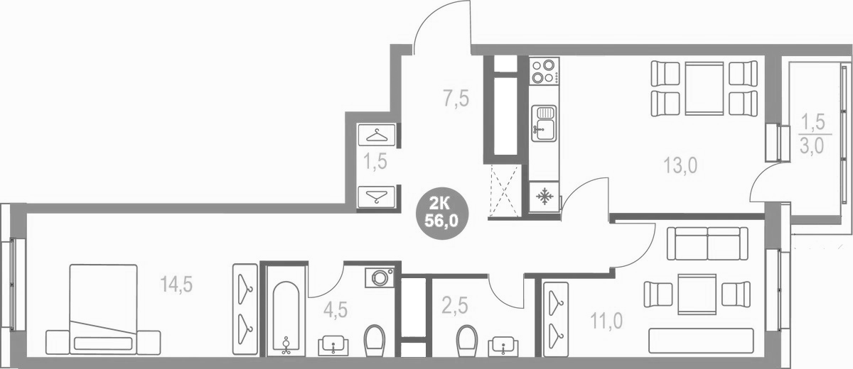 Планировка — Котельники Парк, 2-комн., 55 м²