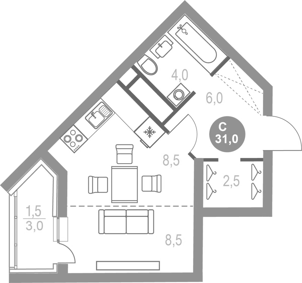 Планировка — Котельники Парк, Студия, 30 м²