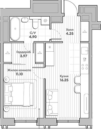 Планировка — Среда на Кутузовском, 1-комн., 40 м²