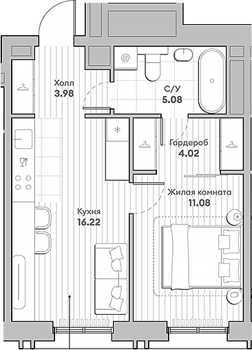Планировка — Среда на Кутузовском, 1-комн., 40 м²