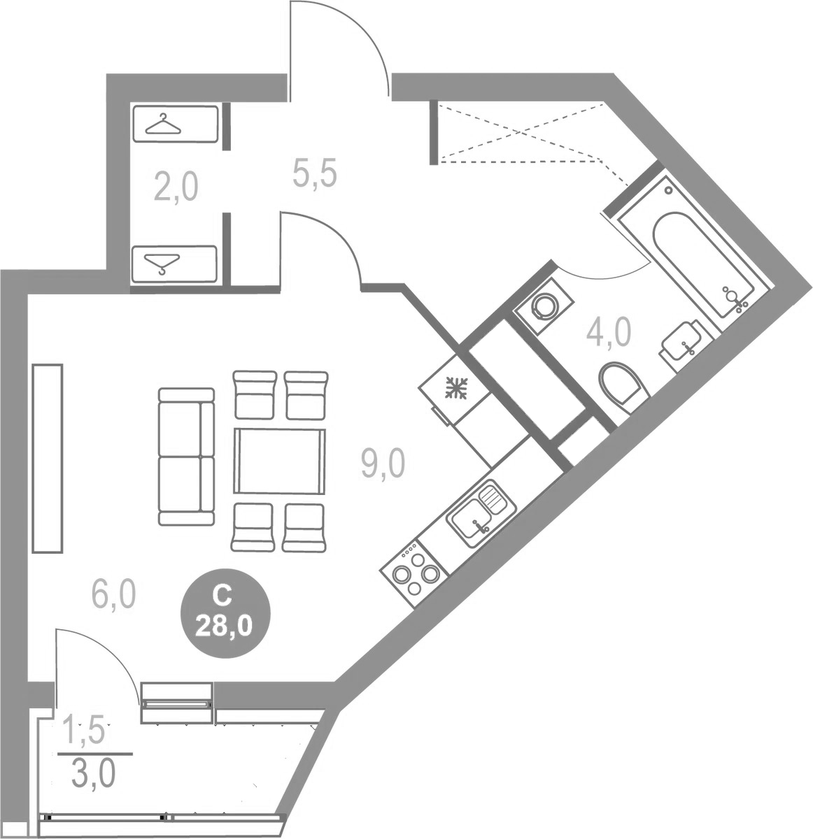 Планировка — Котельники Парк, Студия, 27 м²