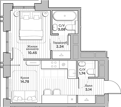 Планировка — Среда на Кутузовском, 2-комн., 36 м²