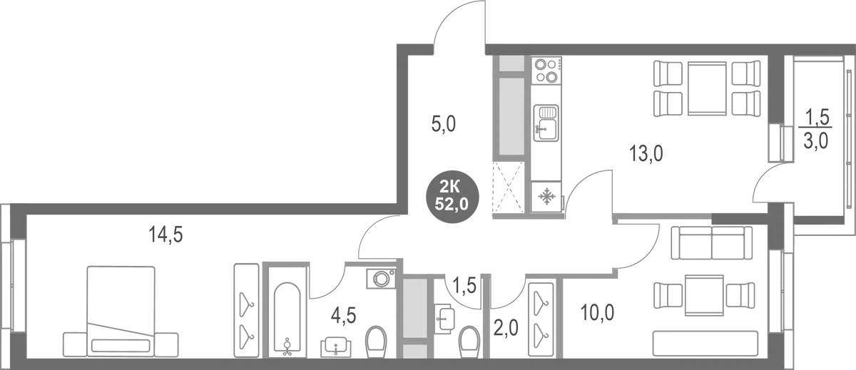 Планировка — Котельники Парк, 2-комн., 51 м²