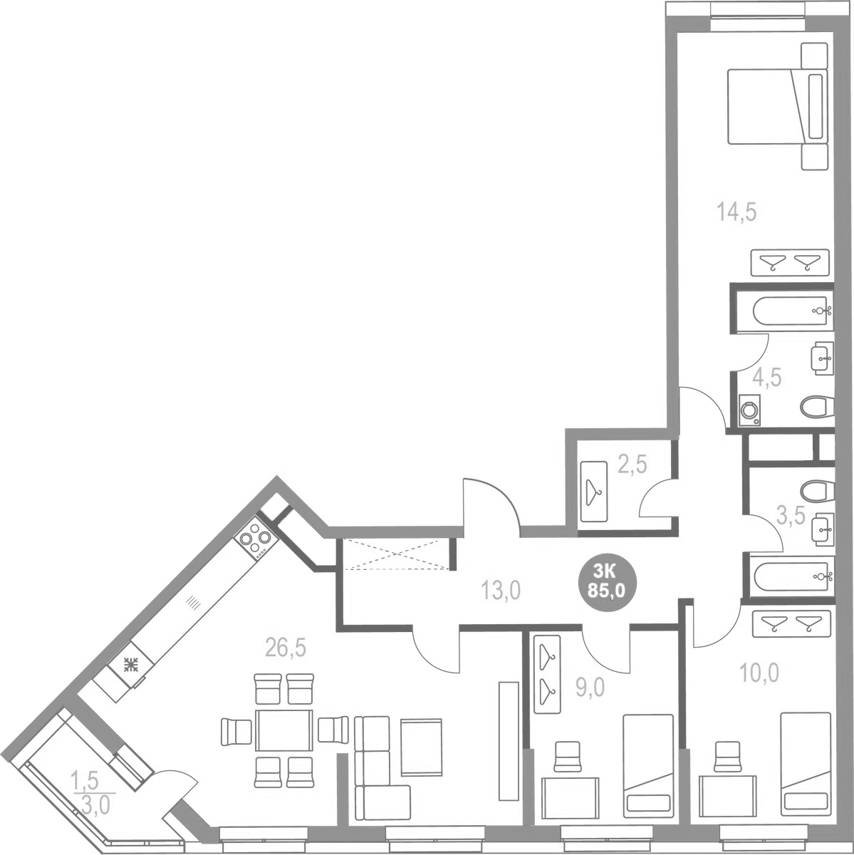 Планировка — Котельники Парк, 3-комн., 84 м²