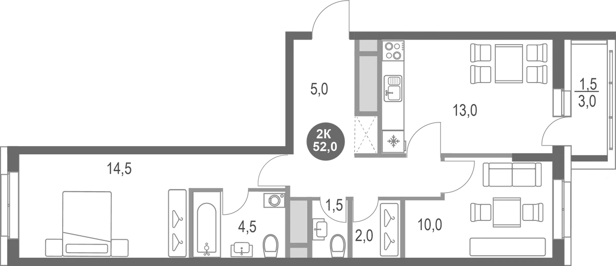 Планировка — Котельники Парк, 2-комн., 51 м²