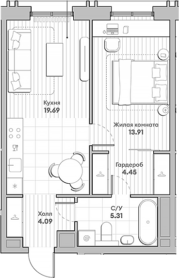 Планировка — Среда на Кутузовском, 2-комн., 47 м²