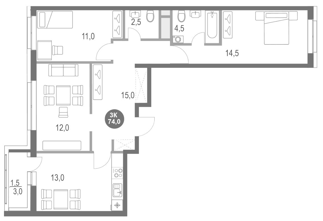 Планировка — Котельники Парк, 3-комн., 73 м²