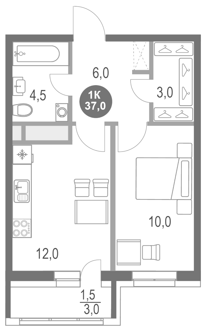 Планировка — Котельники Парк, 1-комн., 36 м²