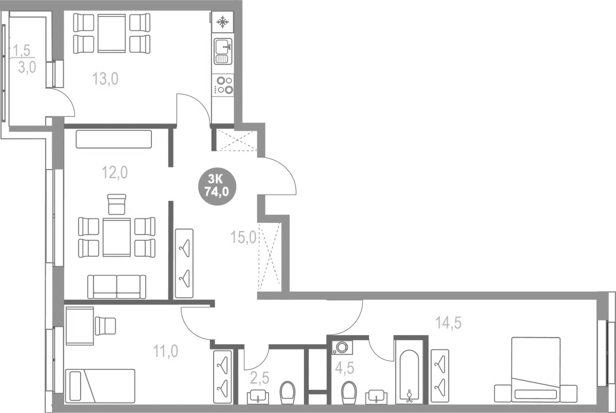 Планировка — Котельники Парк, 3-комн., 73 м²