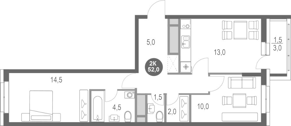 Планировка — Котельники Парк, 2-комн., 51 м²