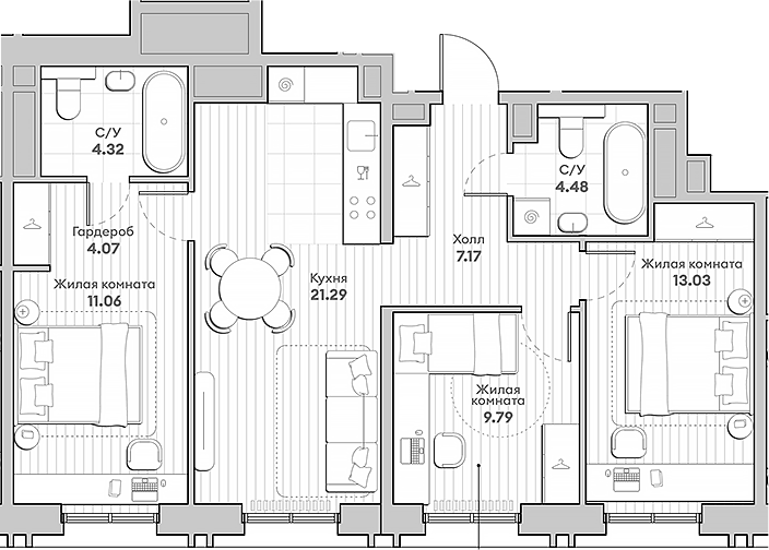 Планировка — Среда на Кутузовском, 3-комн., 75 м²
