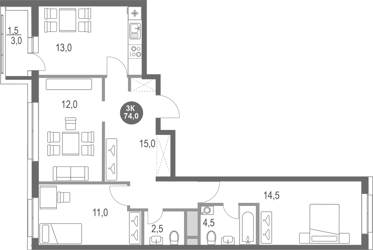 Планировка — Котельники Парк, 3-комн., 73 м²