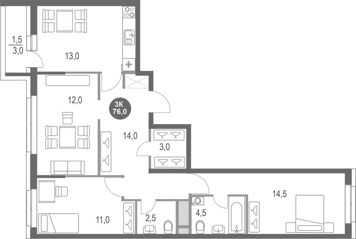 Планировка — Котельники Парк, 3-комн., 75 м²