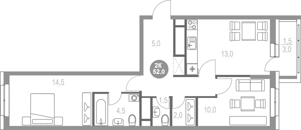 Планировка — Котельники Парк, 2-комн., 51 м²
