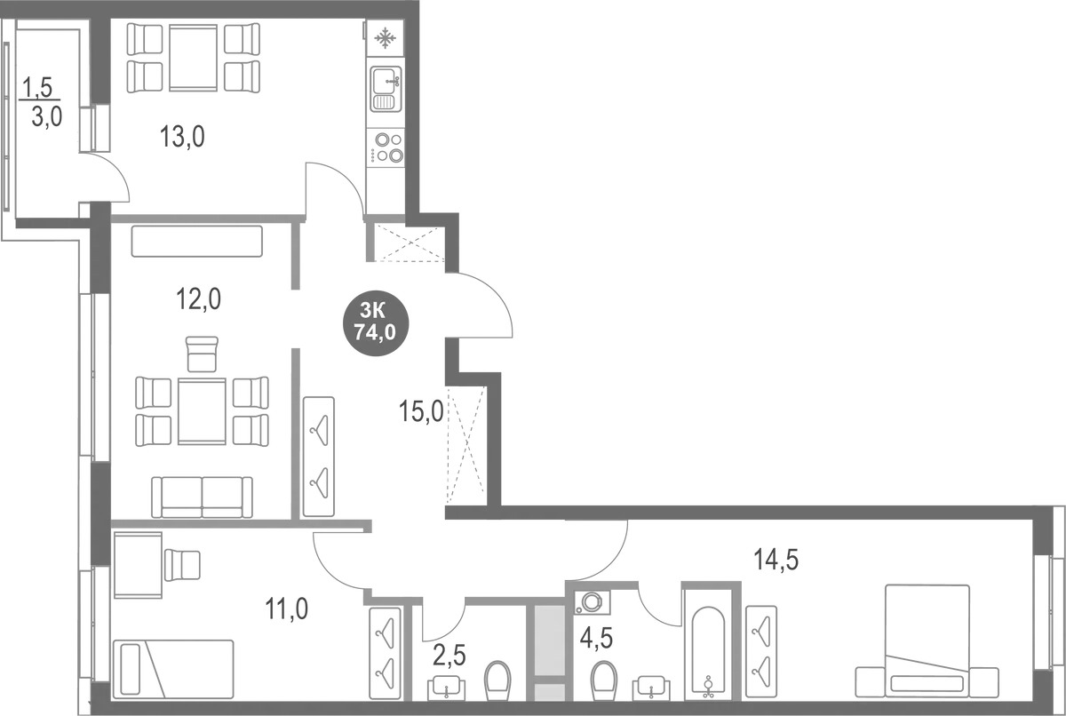 Планировка — Котельники Парк, 3-комн., 73 м²