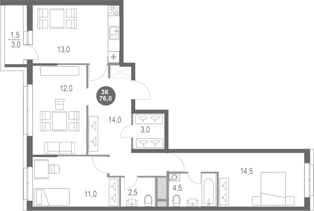 Планировка — Котельники Парк, 3-комн., 75 м²
