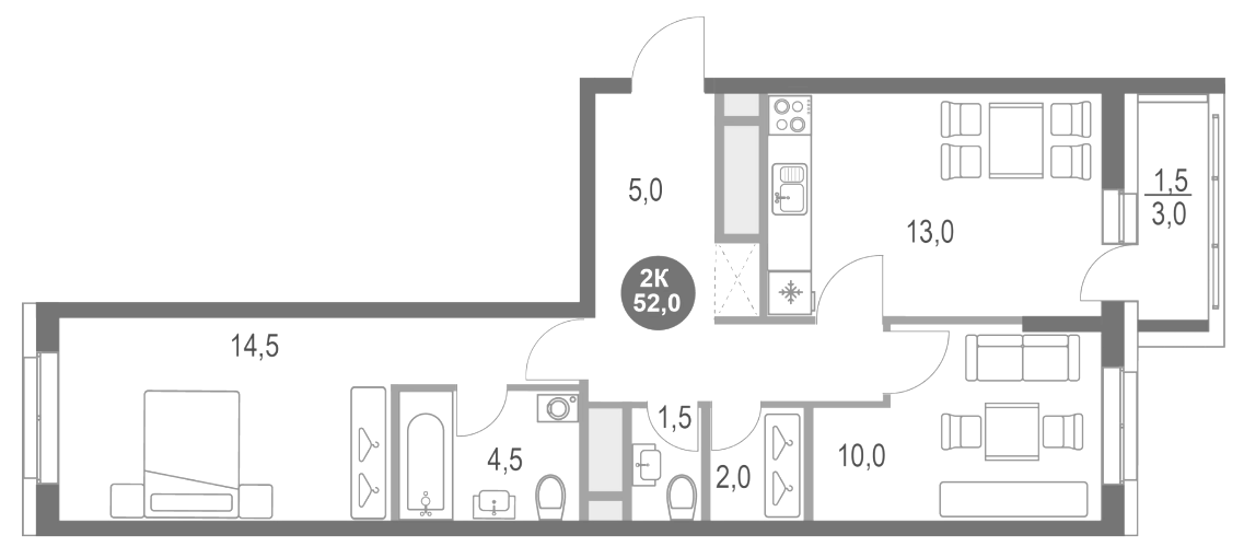 Планировка — Котельники Парк, 2-комн., 51 м²