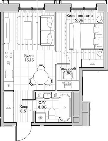 Планировка — Среда на Кутузовском, 1-комн., 34 м²