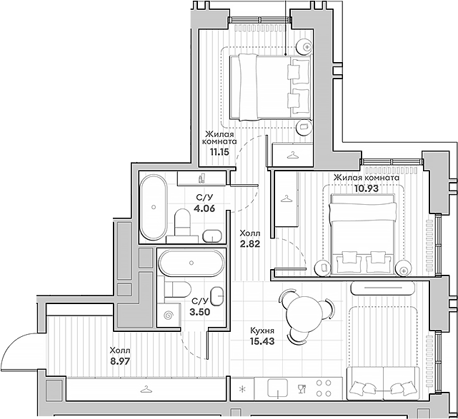 Планировка — Среда на Кутузовском, 2-комн., 57 м²