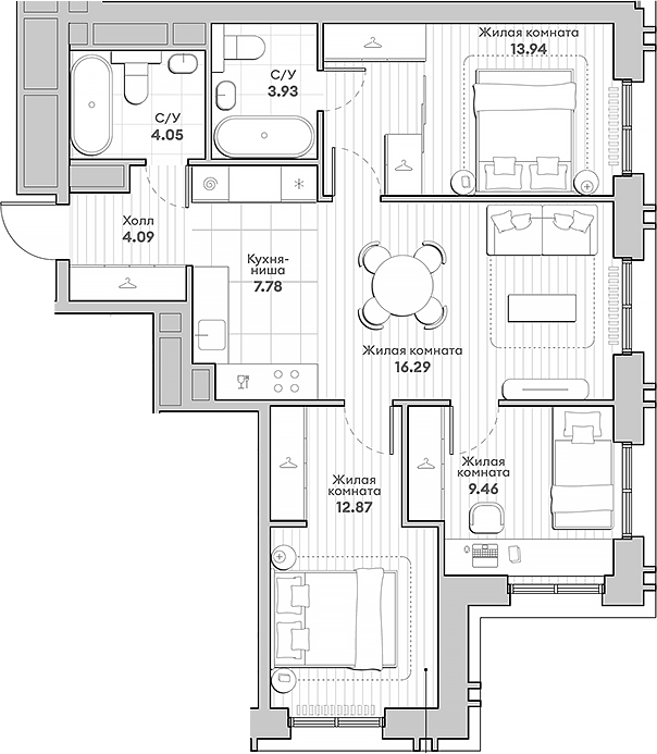 Планировка — Среда на Кутузовском, 4-комн., 72 м²