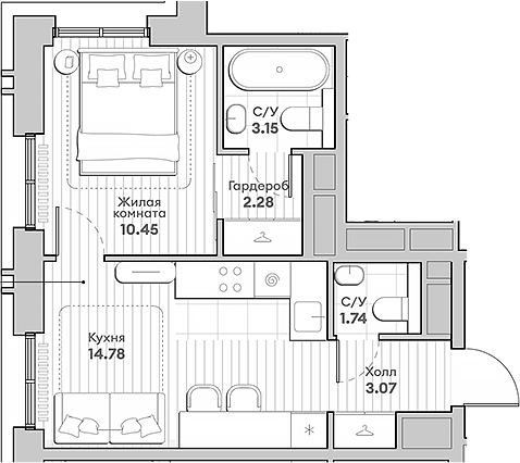 Планировка — Среда на Кутузовском, 2-комн., 35 м²