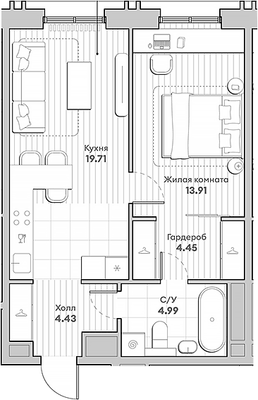 Планировка — Среда на Кутузовском, 2-комн., 47 м²