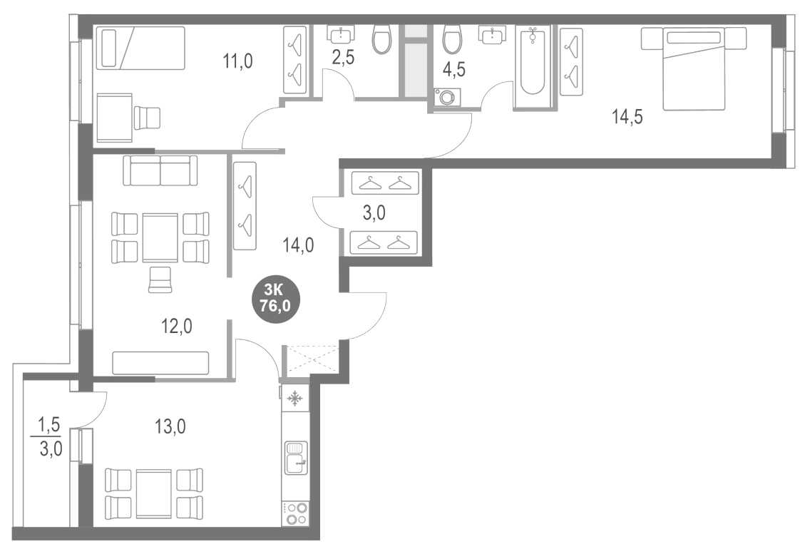 Планировка — Котельники Парк, 3-комн., 75 м²