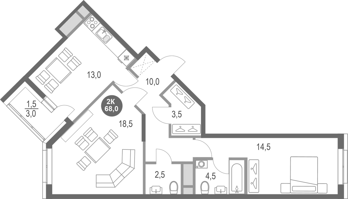 Планировка — Котельники Парк, 2-комн., 67 м²