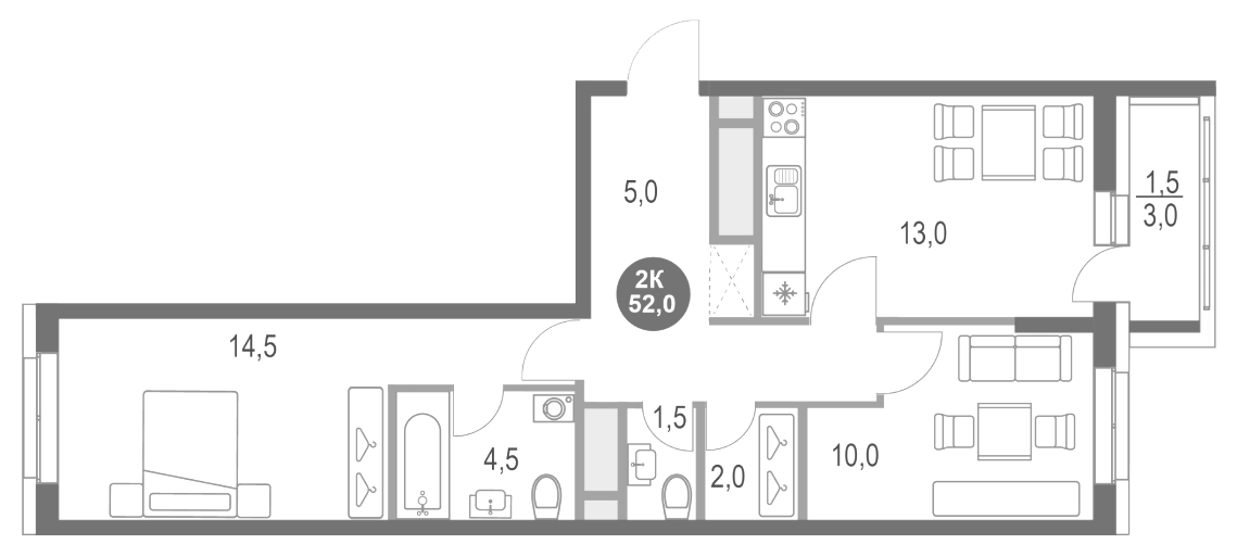 Планировка — Котельники Парк, 2-комн., 51 м²