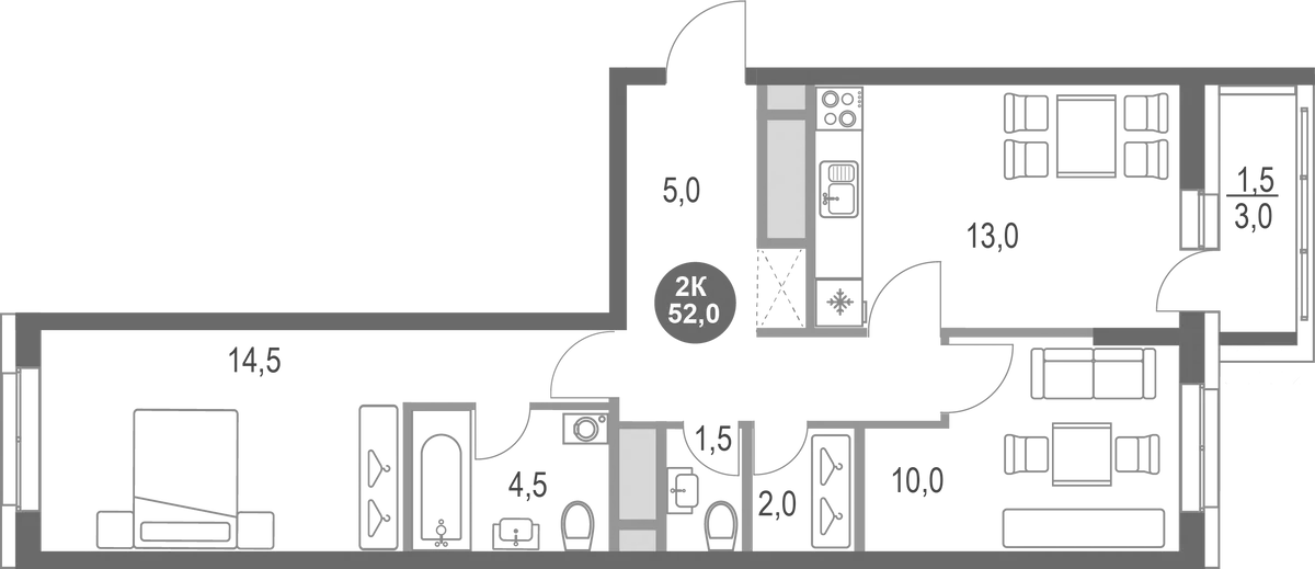Планировка — Котельники Парк, 2-комн., 51 м²