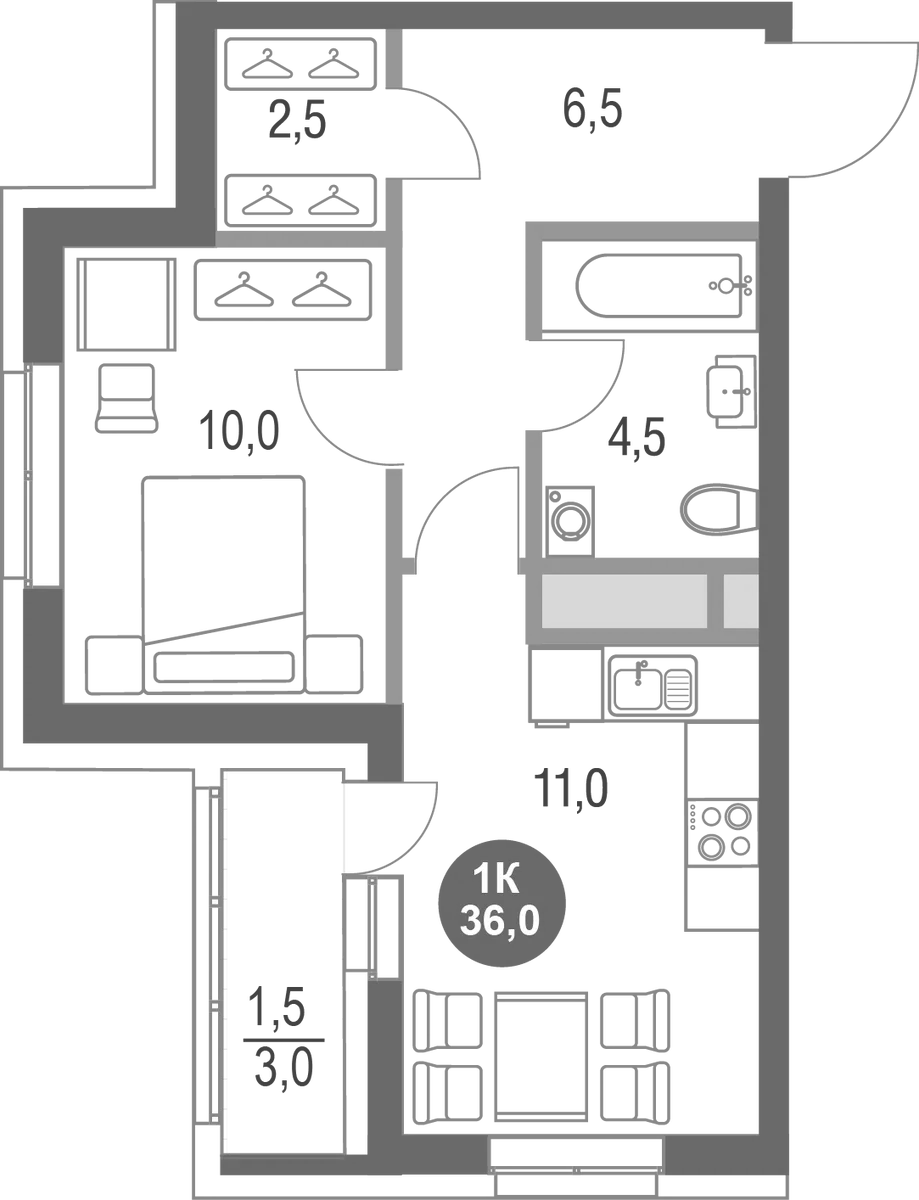 Планировка — Котельники Парк, 1-комн., 35 м²