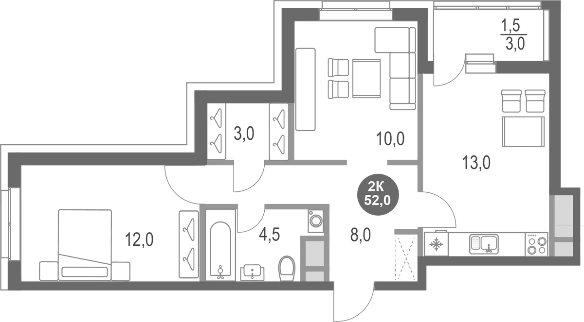 Планировка — Котельники Парк, 2-комн., 51 м²