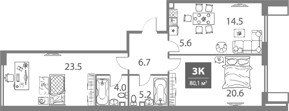 Планировка — Legacy, 3-комн., 80 м²