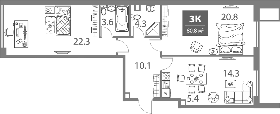 Планировка — Legacy, 3-комн., 81 м²