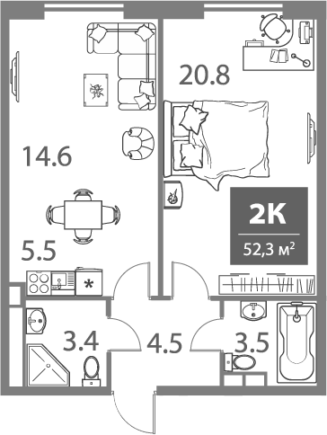 Планировка — Legacy, 2-комн., 52 м²