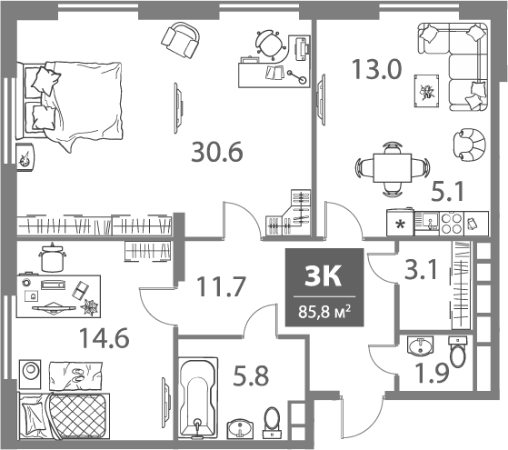 Планировка — Legacy, 3-комн., 86 м²