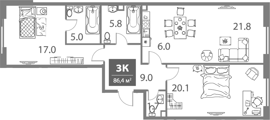 Планировка — Legacy, 3-комн., 86 м²