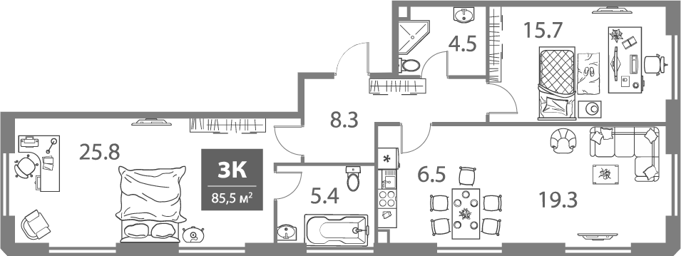 Планировка — Legacy, 3-комн., 86 м²