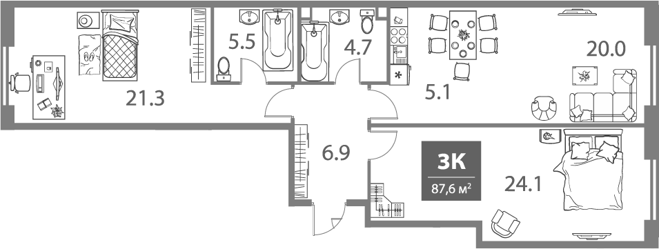 Планировка — Legacy, 3-комн., 88 м²