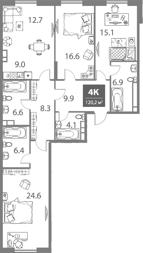 Планировка — Legacy, 4-комн., 120 м²