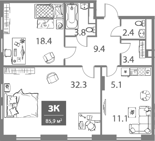Планировка — Legacy, 3-комн., 86 м²