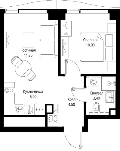 Планировка — СИТИДЗЕН, 2-комн., 34 м²