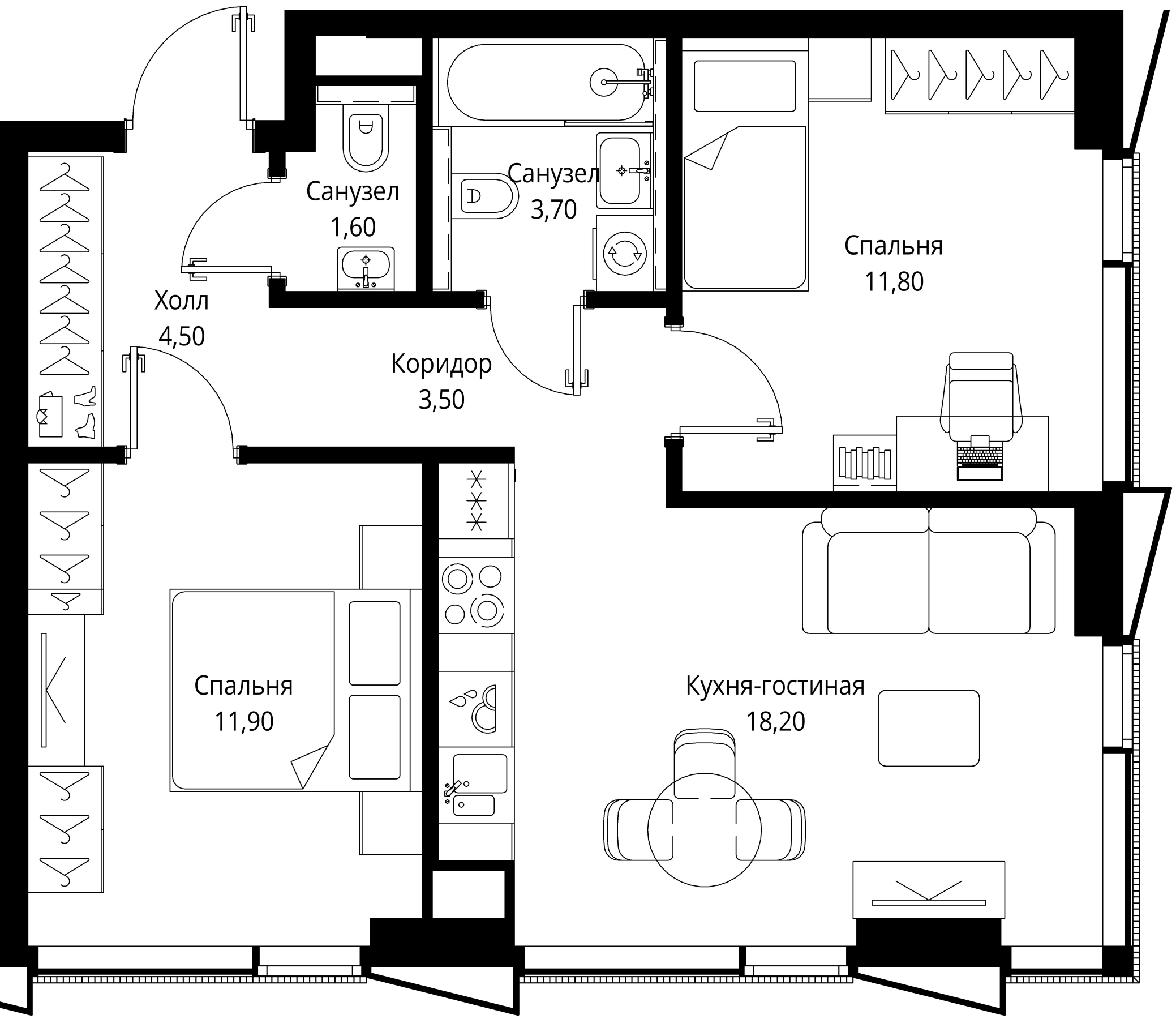 Планировка — СИТИДЗЕН, 3-комн., 55 м²