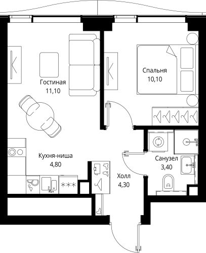 Планировка — СИТИДЗЕН, 2-комн., 34 м²