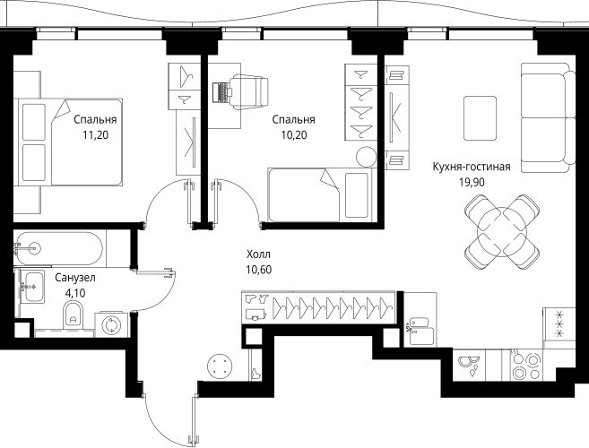 Планировка — СИТИДЗЕН, 3-комн., 56 м²