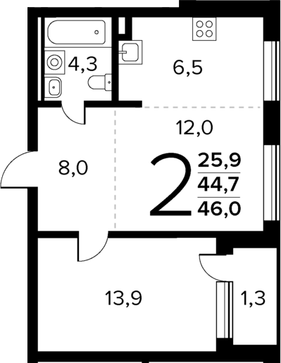 Планировка — Новые Ватутинки Квартал у реки, 2-комн., 45 м²