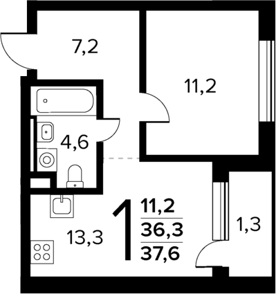 Планировка — Новые Ватутинки Квартал у реки, 1-комн., 36 м²