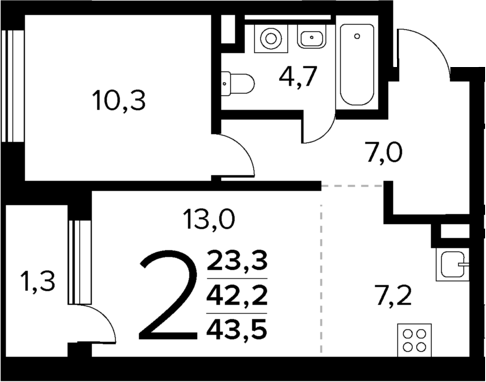 Планировка — Новые Ватутинки Квартал у реки, 2-комн., 42 м²
