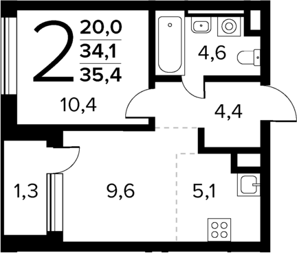 Планировка — Новые Ватутинки Квартал у реки, 2-комн., 34 м²
