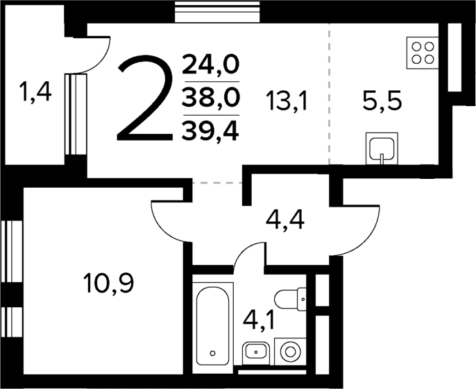 Планировка — Новые Ватутинки Квартал у реки, 2-комн., 38 м²